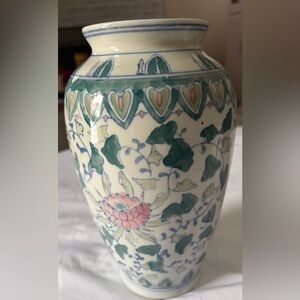 Vintage Chinese Floral Porcelain Vase 10” Hand Painted Green Pink Made in China
